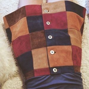 Suede patchwork button front skirt